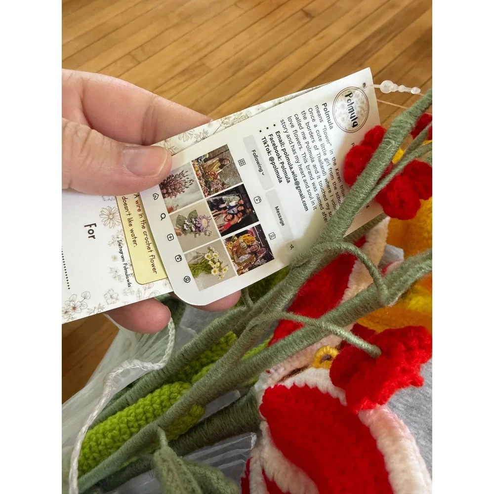 NWT Polmula handmade crochet bouquet red and yellow flowers wedding decor unique